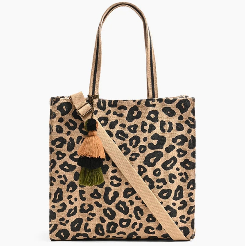 America & Beyond Leopard Jute Tote With Tassel